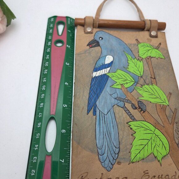 Vintage Hand Painted Blue Bird Wall Tapestry Hanging Art Suede Leather - Equador - Picture 9 of 11